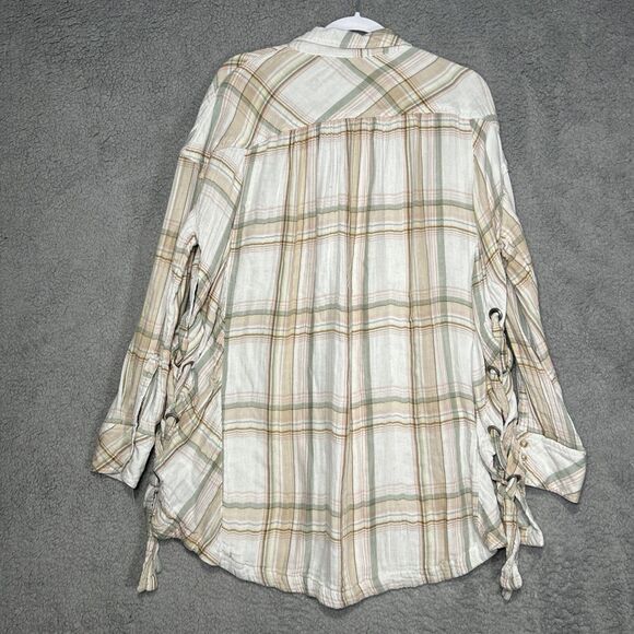 Free People Women's Large Plaid Pastel Dress Tied Sides Long Sleeve Button Down - Picture 4 of 9